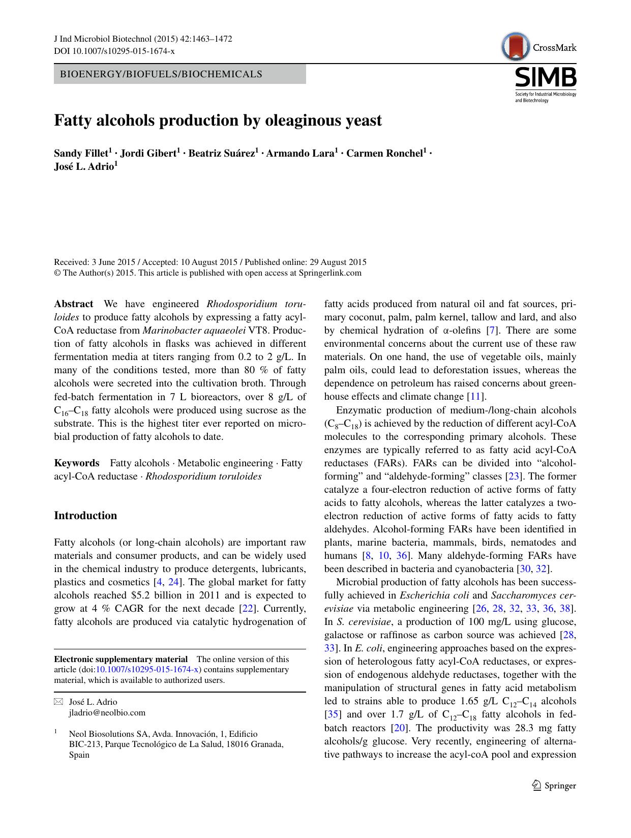 Fatty alcohols production by oleaginous yeast by Sandy Fillet & Jordi Gibert & Beatriz Suárez & Armando Lara & Carmen Ronchel & José L. Adrio