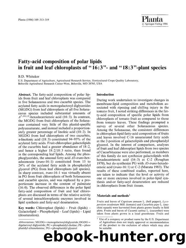 Fatty-acid composition of polar lipids in fruit and leaf chloroplasts of “16:3”- and “18:3”-plant species by Unknown