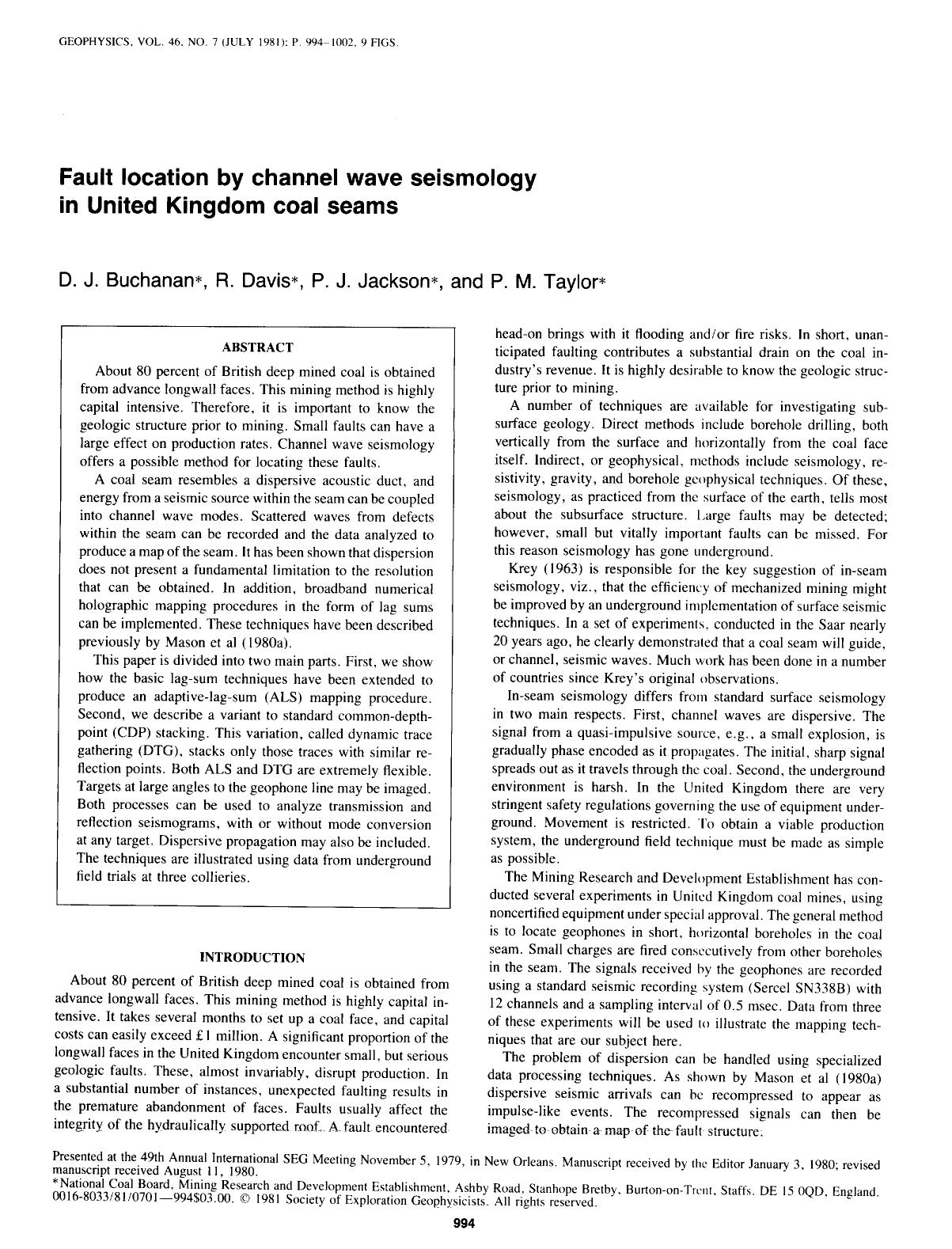 Fault location by channel wave seismology in United Kingdom coal seams by Buchanan D. J.; Davis R.; Jackson P. J.; Taylor P. M
