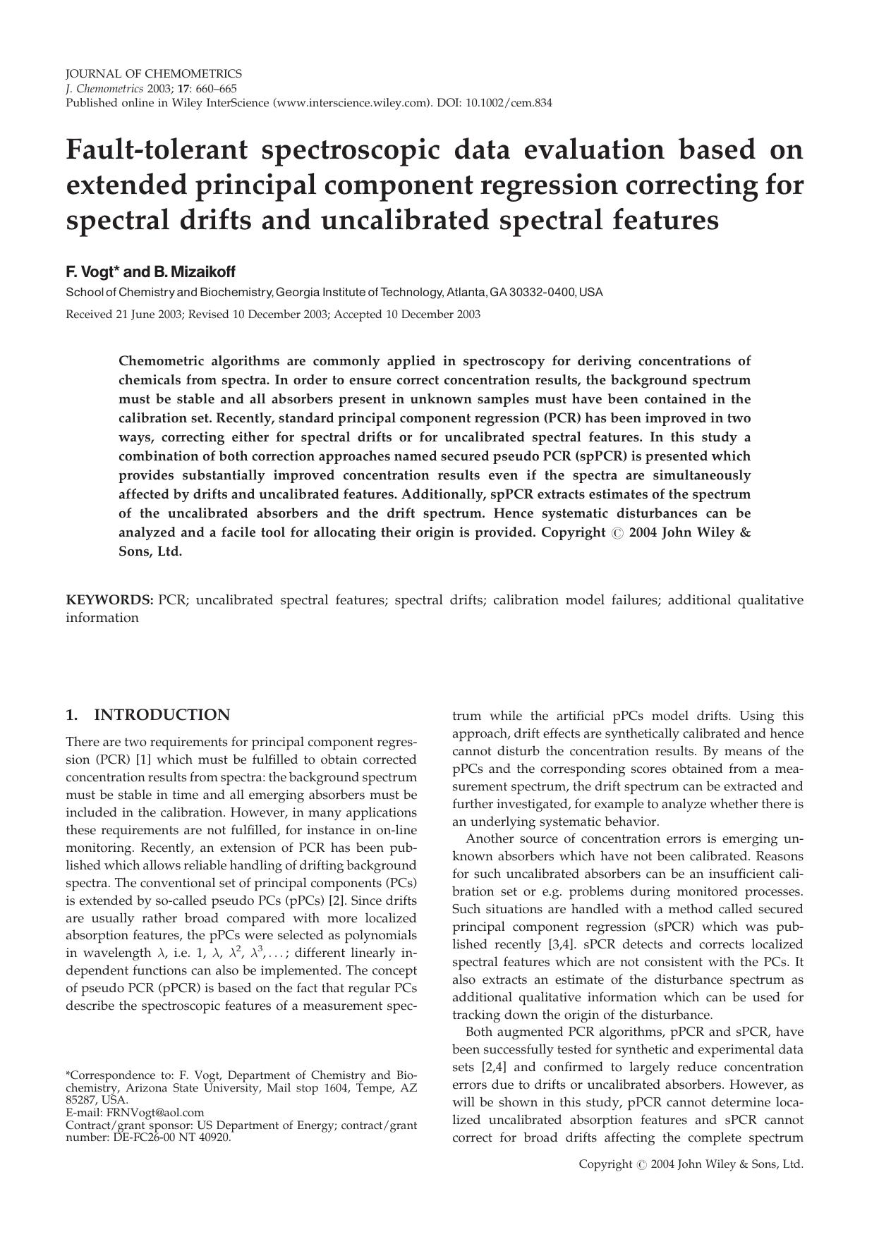 Fault-tolerant spectroscopic data evaluation based on extended principal component regression correcting for spectral drifts and uncalibrated spectral features by Unknown