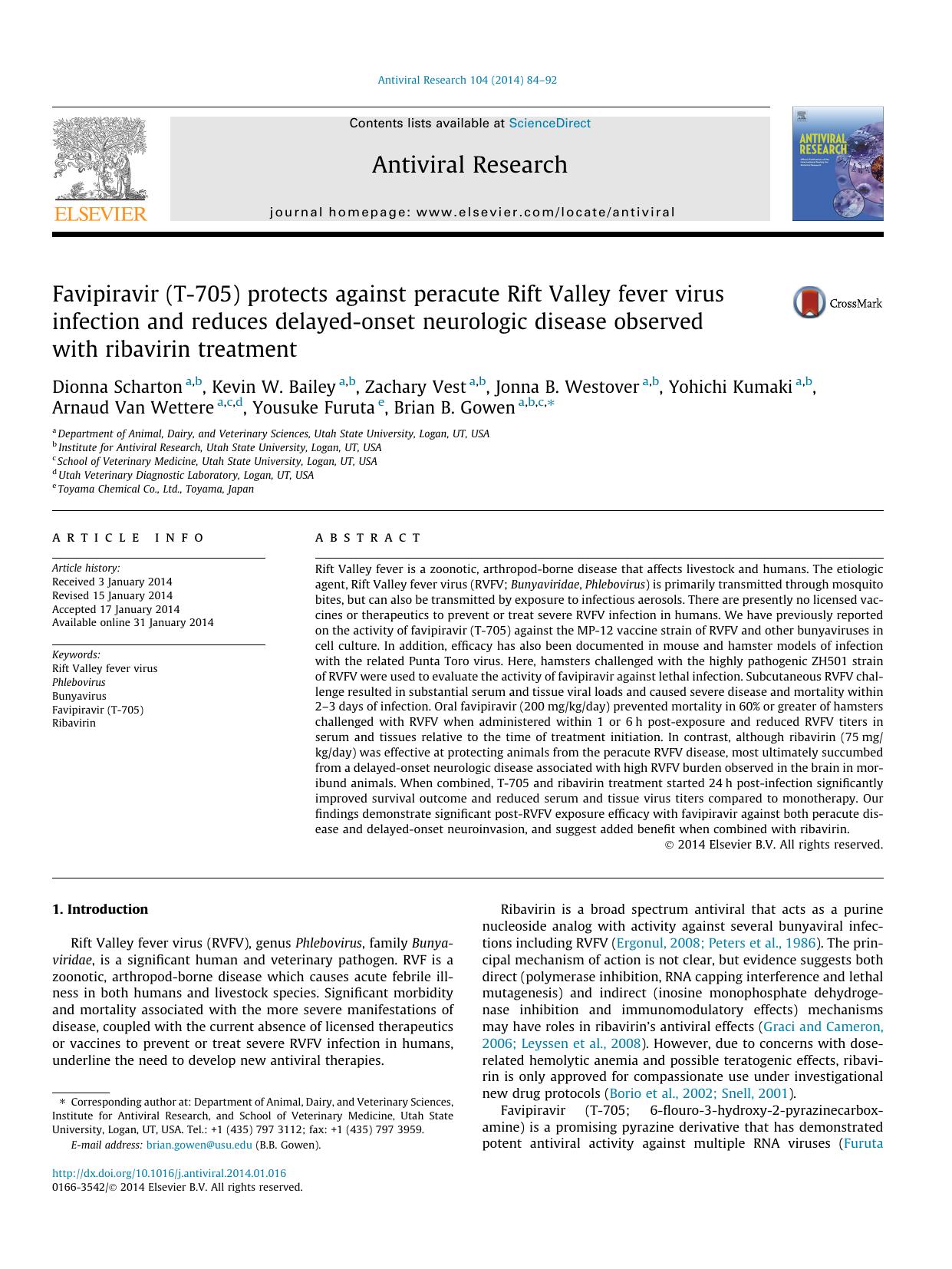 Favipiravir (T-705) protects against peracute Rift Valley fever virus infection and reduces delayed-onset neurologic disease observed with ribavirin treatment by unknow