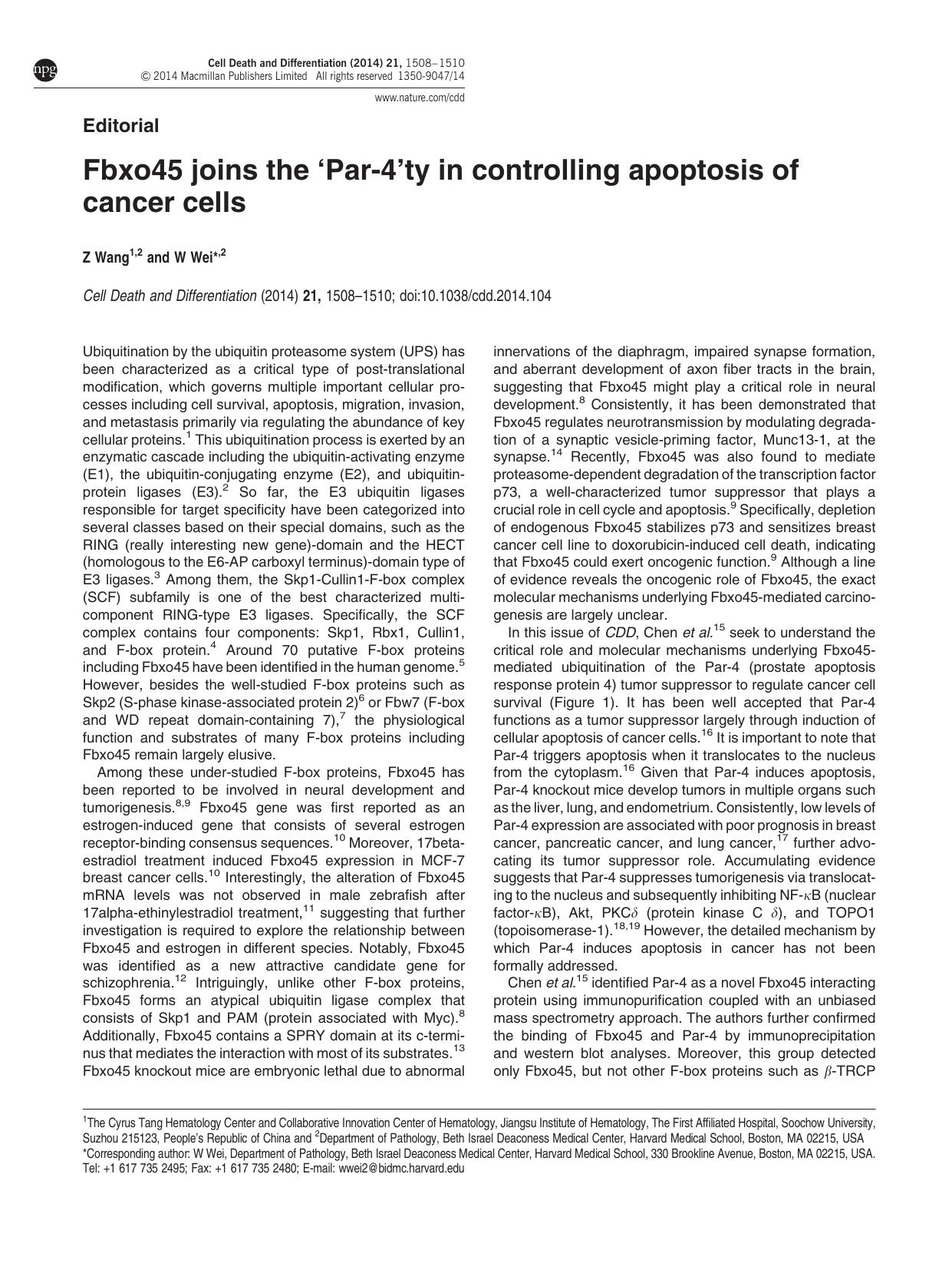 Fbxo45 joins the &lsquo;Par-4&rsquo;ty in controlling apoptosis of cancer cells by Z Wang & W Wei &