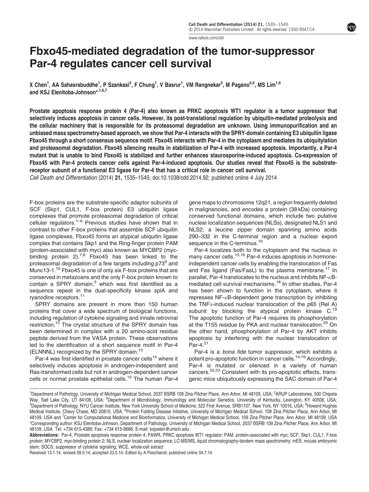 Fbxo45-mediated degradation of the tumor-suppressor Par-4 regulates cancer cell survival by unknow