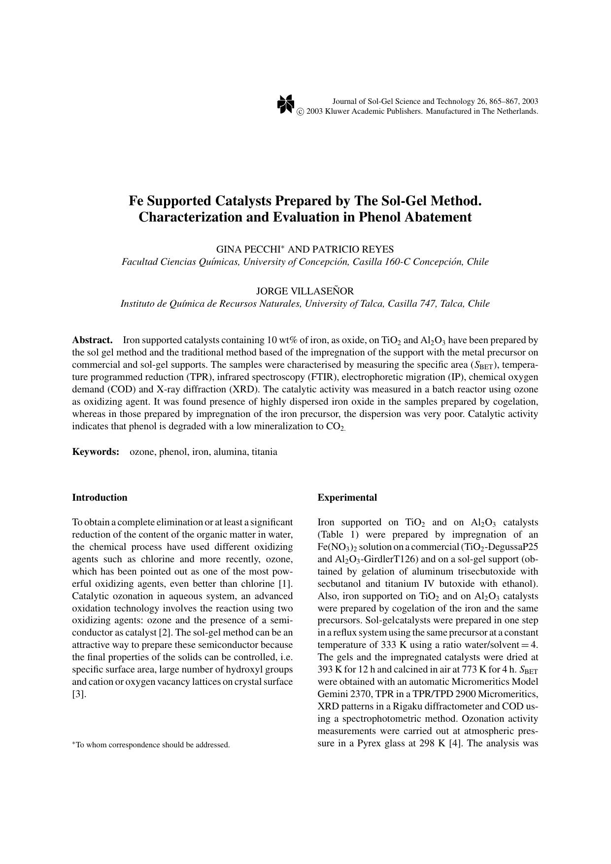 Fe Supported Catalysts Prepared by The Sol-Gel Method. Characterization and Evaluation in Phenol Abatement by Unknown
