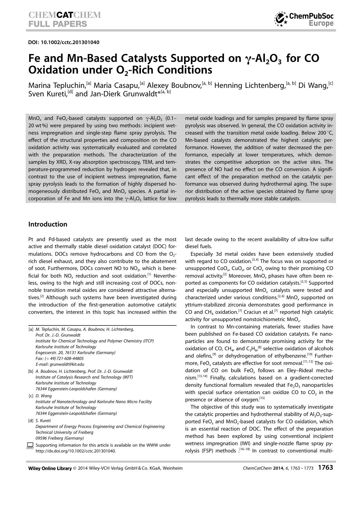 Fe and MnBased Catalysts Supported on Al2O3 for CO Oxidation under O2Rich Conditions by Unknown