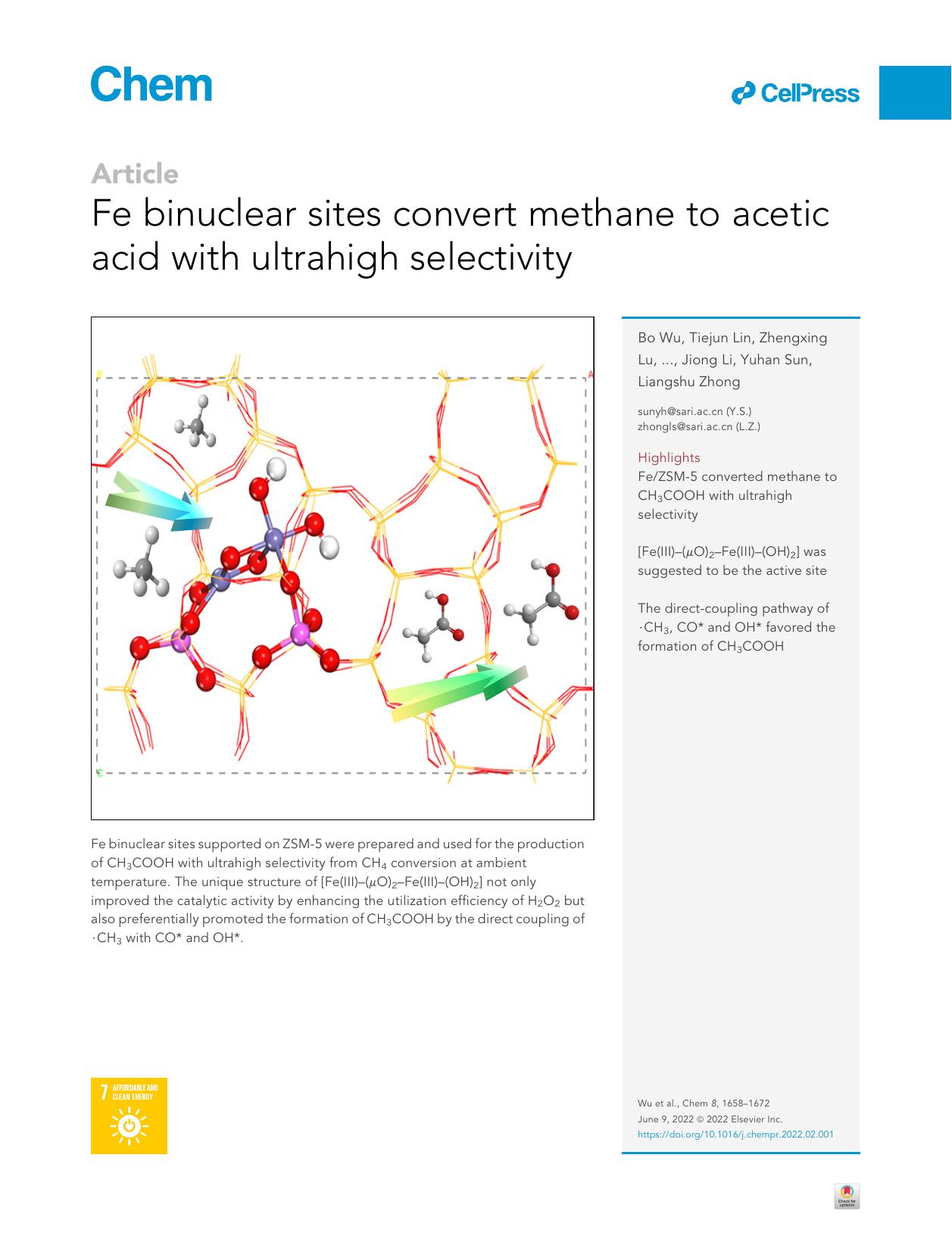 Fe binuclear sites convert methane to acetic acid with ultrahigh selectivity by unknow