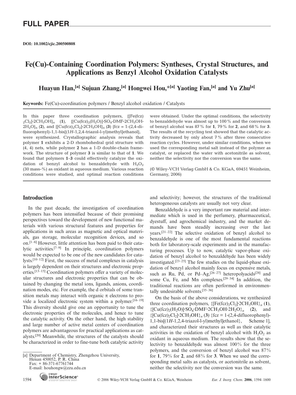 Fe(Cu)-Containing Coordination Polymers: Syntheses, Crystal Structures, and Applications as Benzyl Alcohol Oxidation Catalysts by Unknown
