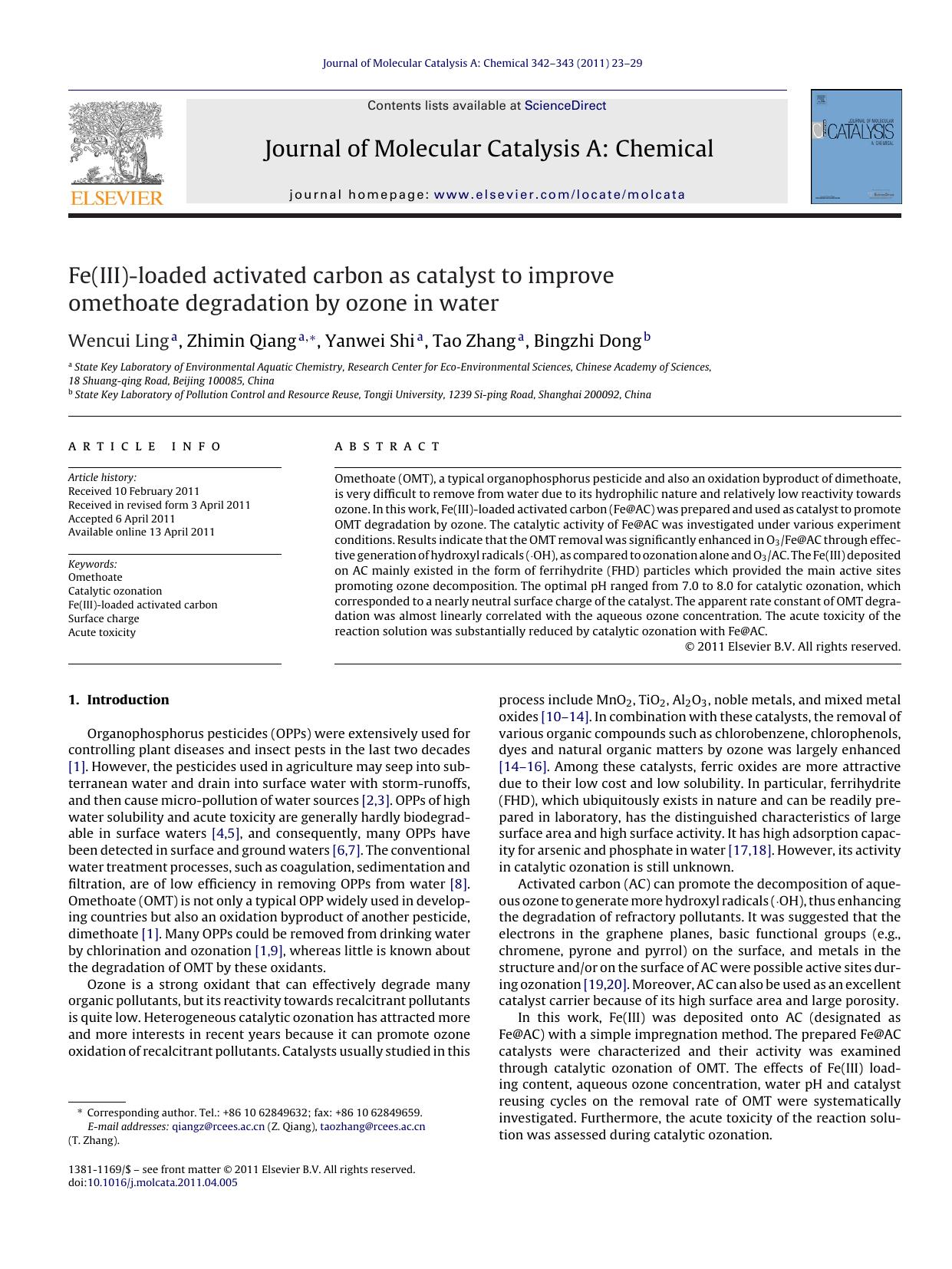 Fe(III)-loaded activated carbon as catalyst to improve omethoate degradation by ozone in water by Wencui Ling