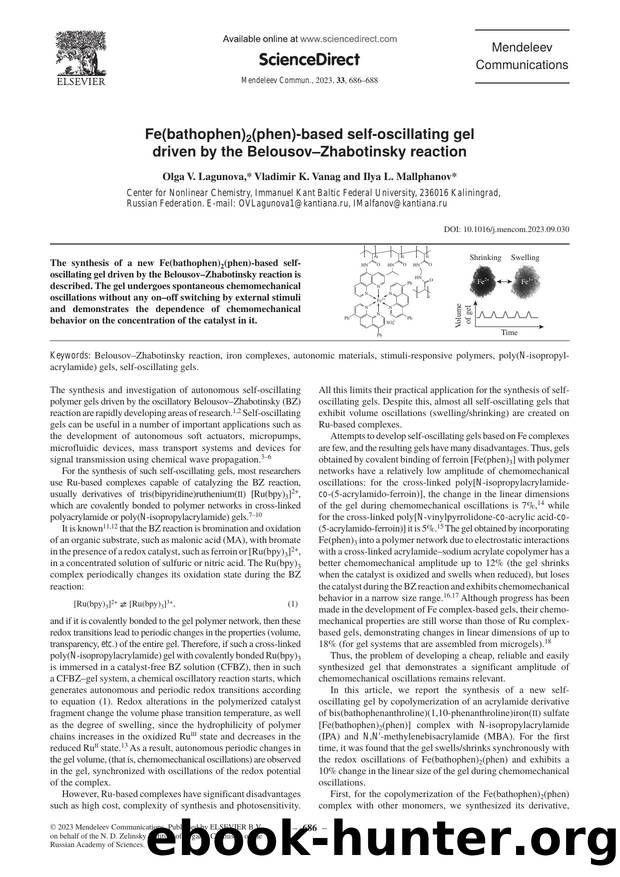 Fe(bathophen)2(phen)-based self-oscillating gel driven by the BelousovâZhabotinsky reaction by Olga V. Lagunova & Vladimir K. Vanag & Ilya L. Mallphanov