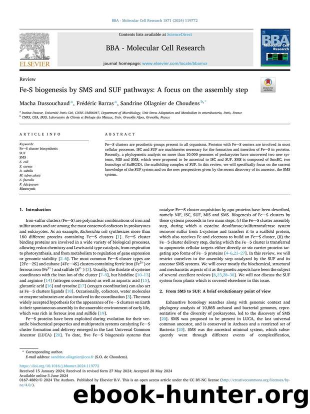 Fe-S biogenesis by SMS and SUF pathways: A focus on the assembly step by Macha Dussouchaud & Frédéric Barras & Sandrine Ollagnier de Choudens