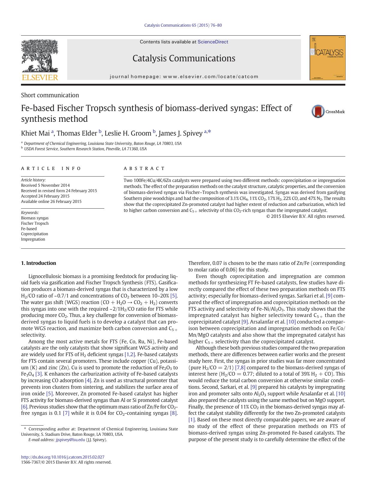Fe-based Fischer Tropsch synthesis of biomass-derived syngas: Effect of synthesis method by Khiet Mai & Thomas Elder & Leslie H. Groom & James J. Spivey