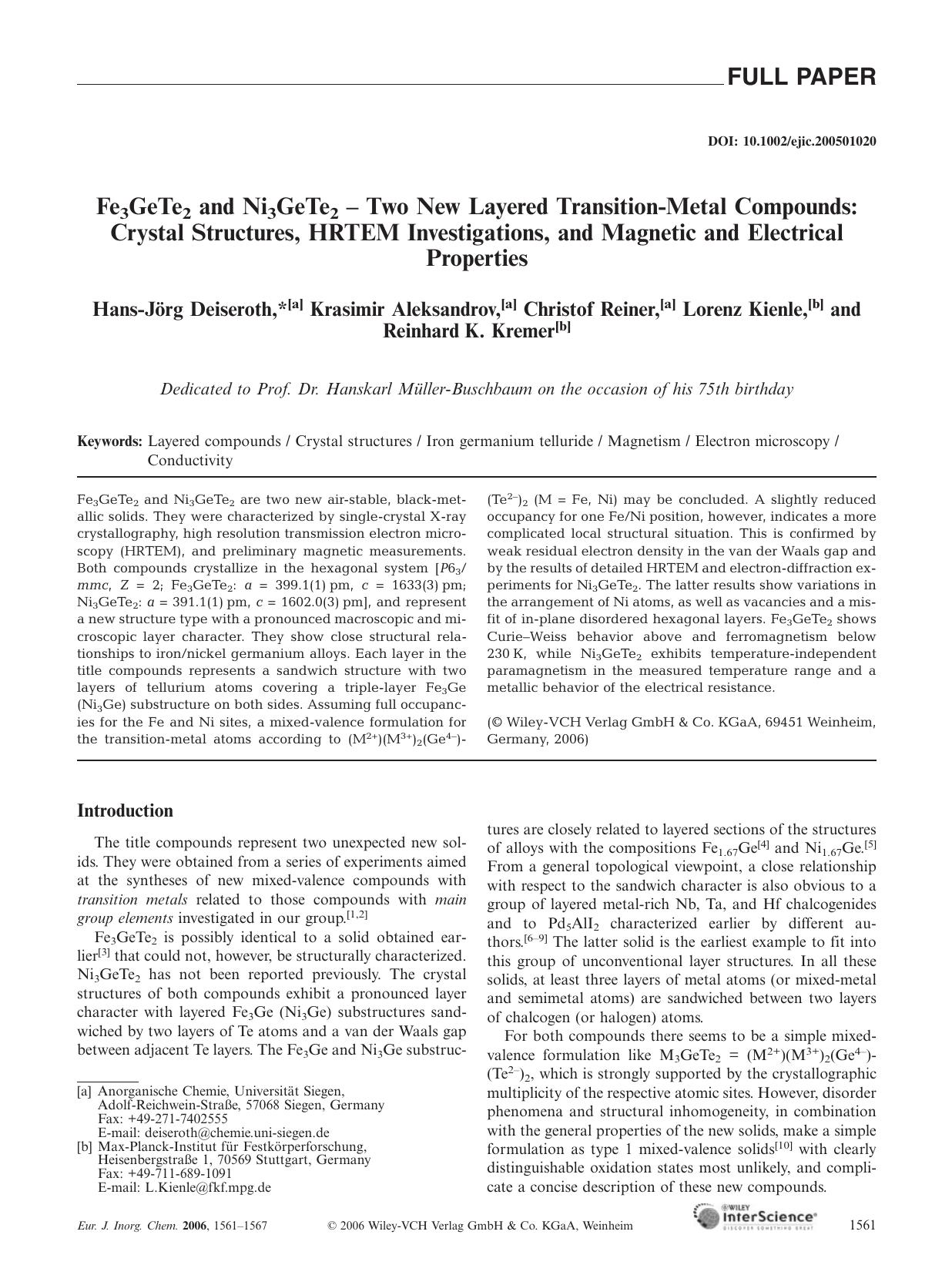 Fe3GeTe2 and Ni3GeTe2 - Two New Layered Transition-Metal Compounds: Crystal Structures, HRTEM Investigations, and Magnetic and Electrical Properties by Unknown