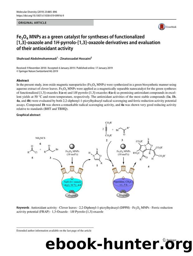 Fe3O4 MNPs as a green catalyst for syntheses of functionalized [1,3]-oxazole and 1H-pyrrolo-[1,3]-oxazole derivatives and evaluation of their antioxidant activity by Shahrzad Abdolmohammadi & Zinatossadat Hossaini