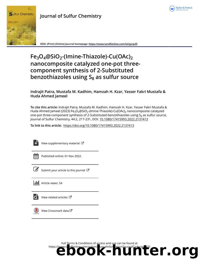 Fe3O4@SiO2-(Imine-Thiazole)-Cu(OAc)2 nanocomposite catalyzed one-pot three-component synthesis of 2-Substituted benzothiazoles using S8 as sulfur source by Indrajit Patra & Mustafa M. Kadhim & Hamzah H. Kzar & Yasser Fakri Mustafa & Huda Ahmed Jameel