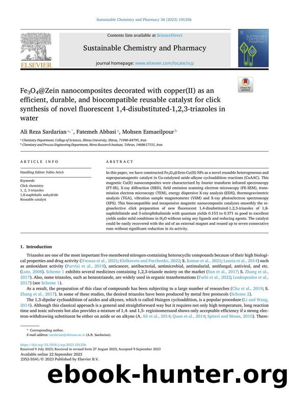 Fe3O4@Zein nanocomposites decorated with copper(II) as an efficient, durable, and biocompatible reusable catalyst for click synthesis of novel fluorescent 1,4-disubstituted-1,2,3-triazoles in water by Ali Reza Sardarian & Fatemeh Abbasi & Mohsen Esmaeilpour