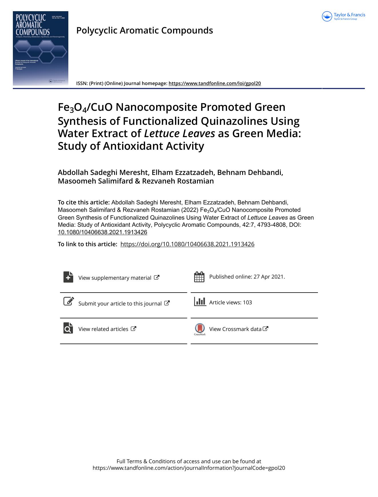 Fe3O4CuO Nanocomposite Promoted Green Synthesis of Functionalized Quinazolines Using Water Extract of Lettuce Leaves as Green Media: Study of Antioxidant Activity by unknow
