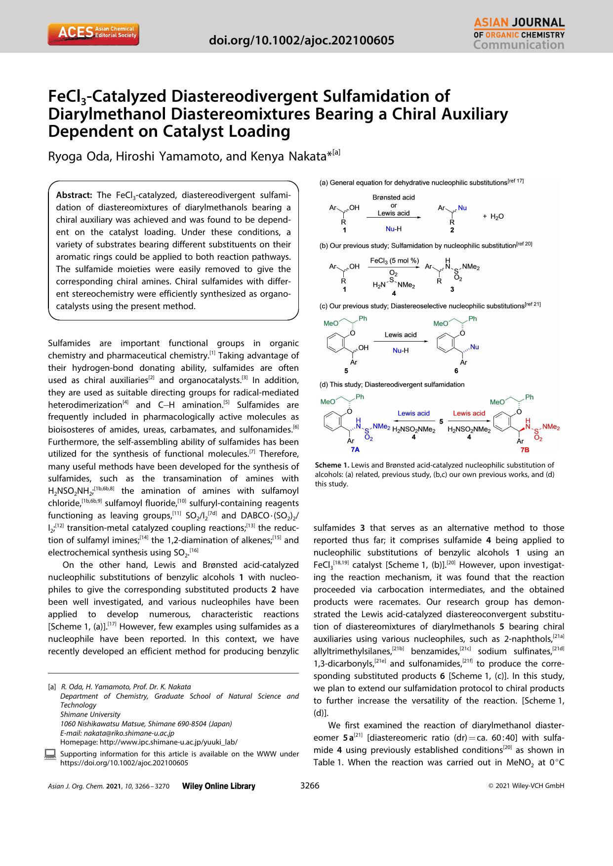 FeCl3âCatalyzed Diastereodivergent Sulfamidation of Diarylmethanol Diastereomixtures Bearing a Chiral Auxiliary Dependent on Catalyst Loading by Unknown