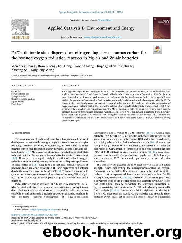 FeCu diatomic sites dispersed on nitrogen-doped mesoporous carbon for the boosted oxygen reduction reaction in Mg-air and Zn-air batteries by unknow