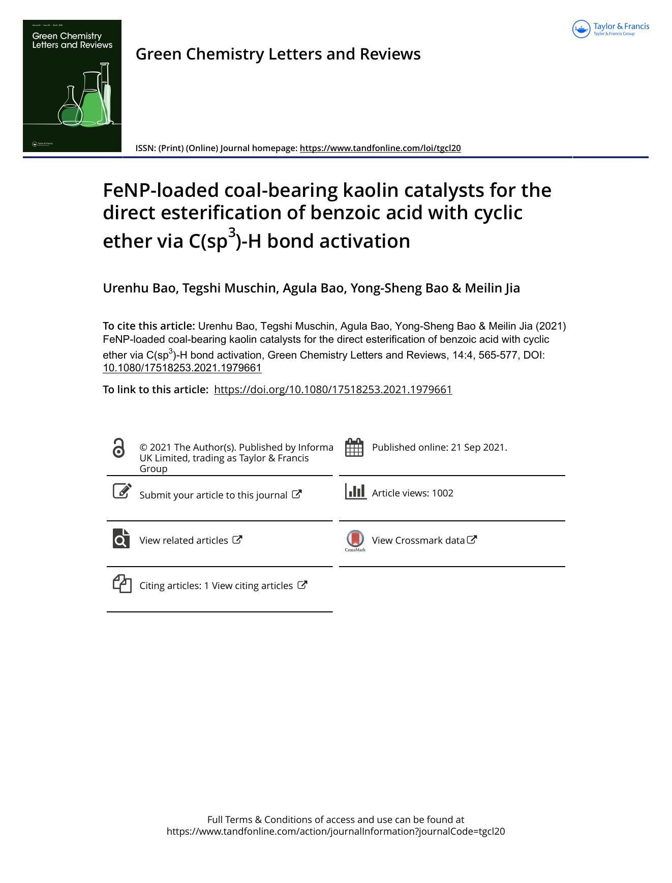 FeNP-loaded coal-bearing kaolin catalysts for the direct esterification of benzoic acid with cyclic ether via C(sp3)-H bond activation by Urenhu Bao & Tegshi Muschin & Agula Bao & Yong-Sheng Bao & Meilin Jia