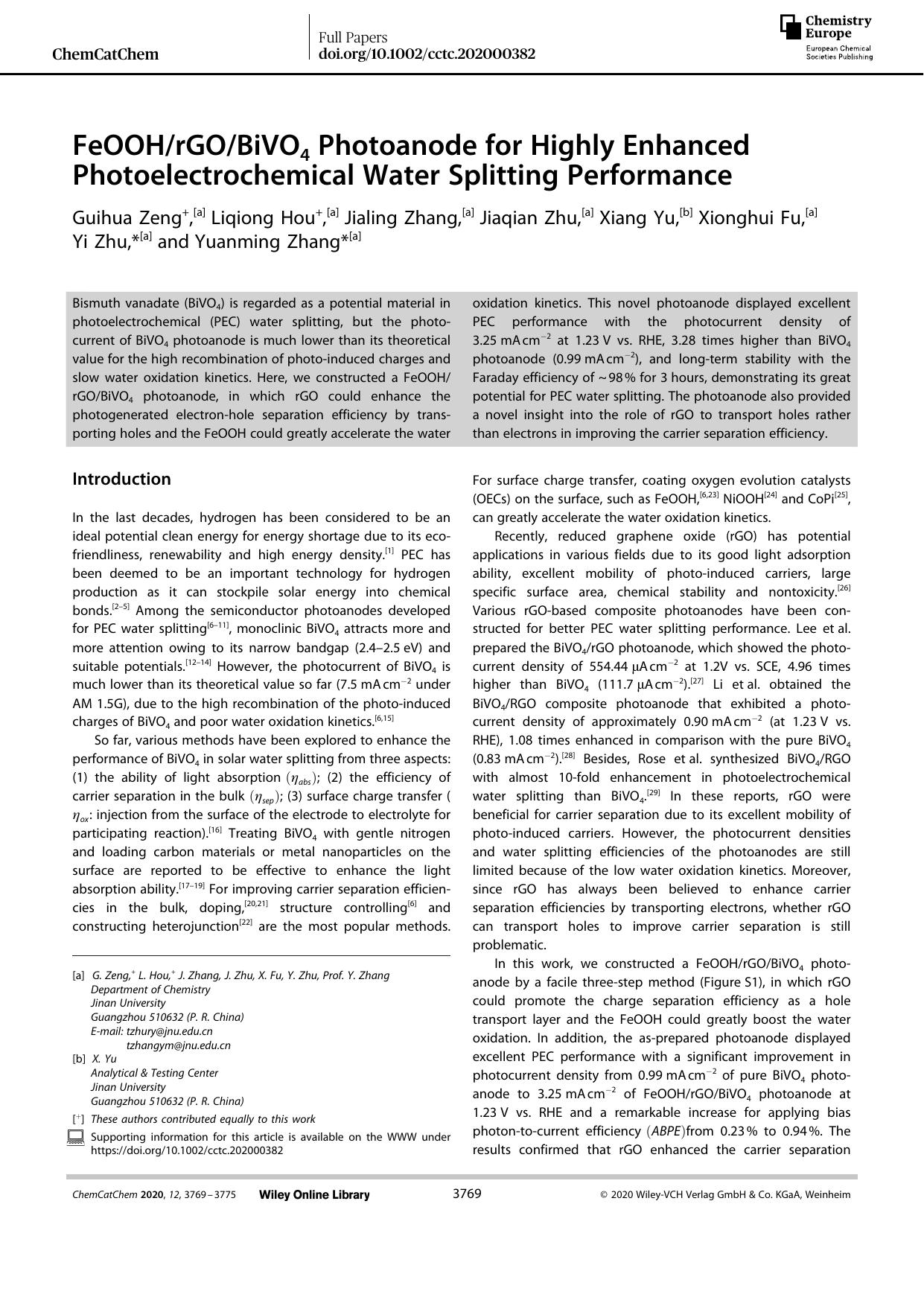 FeOOHrGOBiVO4 Photoanode for Highly Enhanced Photoelectrochemical Water Splitting Performance by Unknown