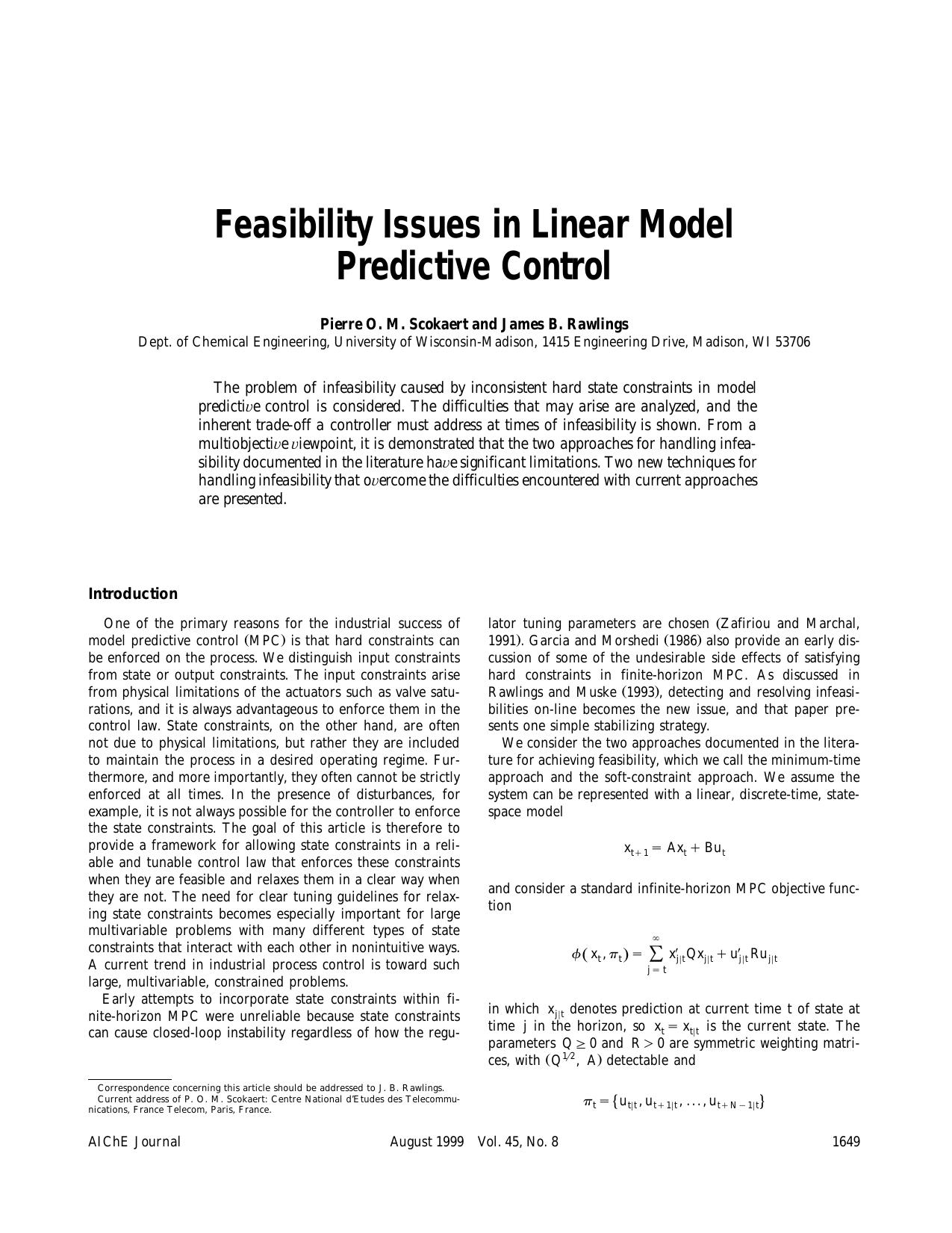 Feasibility issues in linear model predictive control by ?