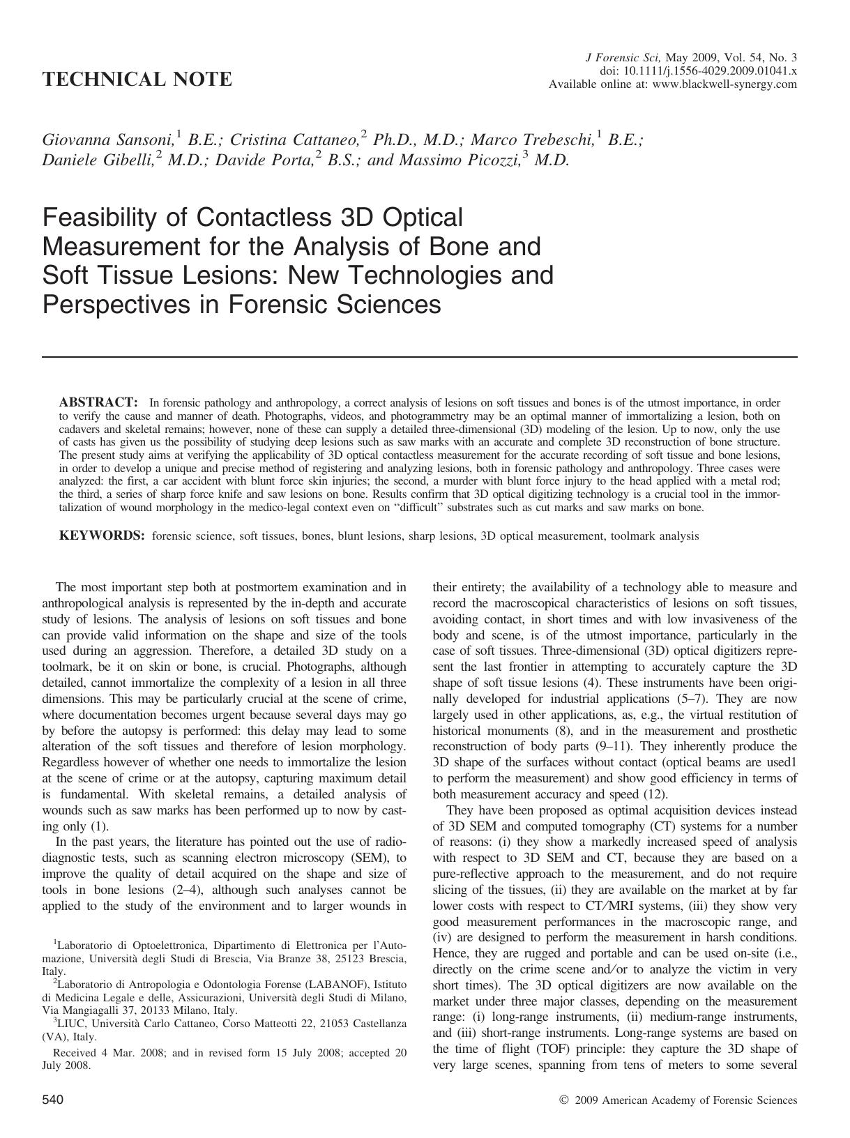 Feasibility of Contactless 3D Optical Measurement for the Analysis of Bone and Soft Tissue Lesions: New Technologies and Perspectives in Forensic Sciences by Unknown