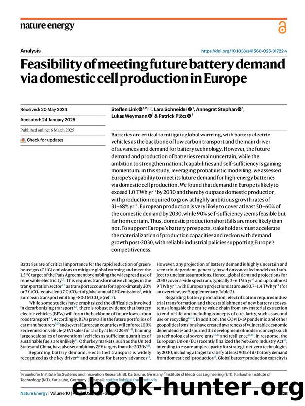 Feasibility of meeting future battery demand via domestic cell production in Europe by Steffen Link & Lara Schneider & Annegret Stephan & Lukas Weymann & Patrick Plötz