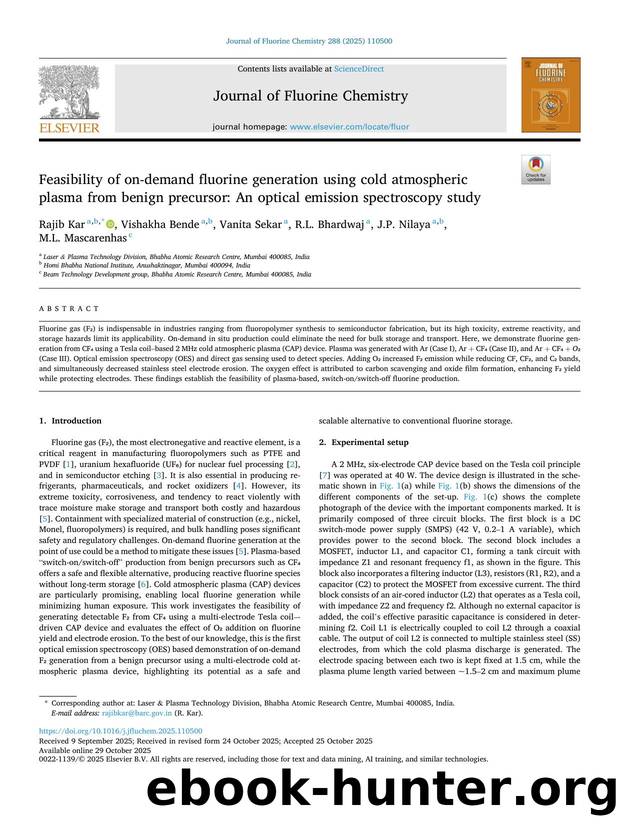 Feasibility of on-demand fluorine generation using cold atmospheric plasma from benign precursor: An optical emission spectroscopy study by Rajib Kar & Vishakha Bende & Vanita Sekar & R.L. Bhardwaj & J.P. Nilaya & M.L. Mascarenhas
