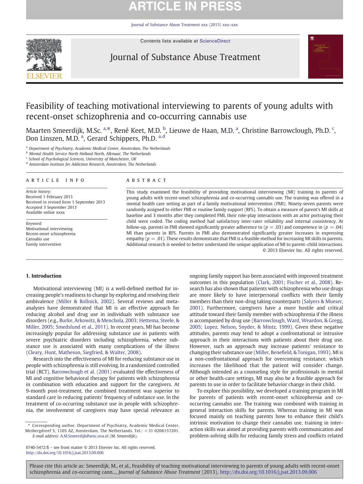 Feasibility of teaching motivational interviewing to parents of young adults with recent-onset schizophrenia and co-occurring cannabis use by unknow