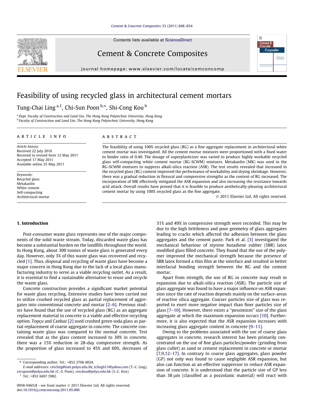 Feasibility of using recycled glass in architectural cement mortars by Tung-Chai Ling & Chi-Sun Poon & Shi-Cong Kou