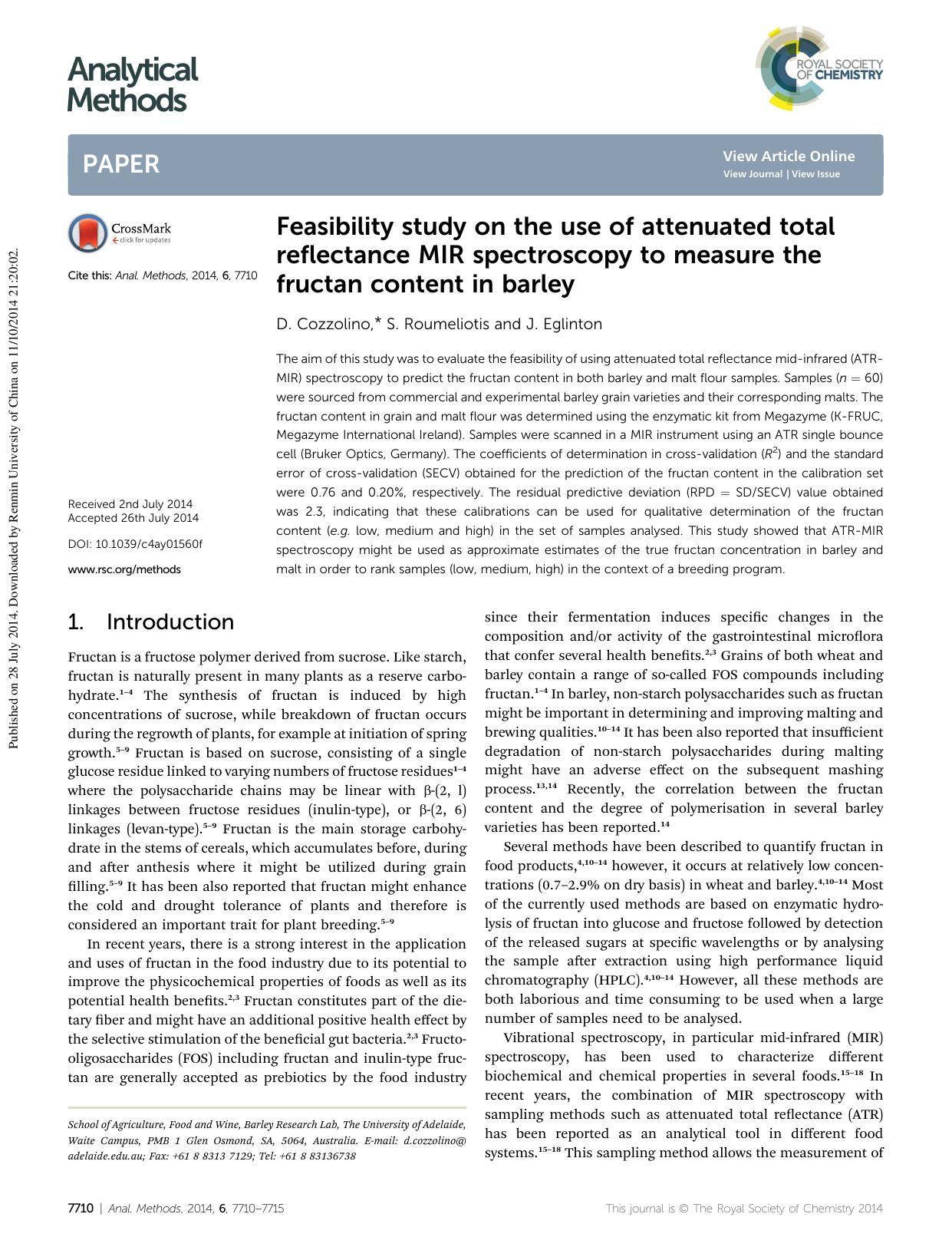 Feasibility study on the use of attenuated total reflectance MIR spectroscopy to measure the fructan content in barley by D. Cozzolino & S. Roumeliotis & J. Eglinton