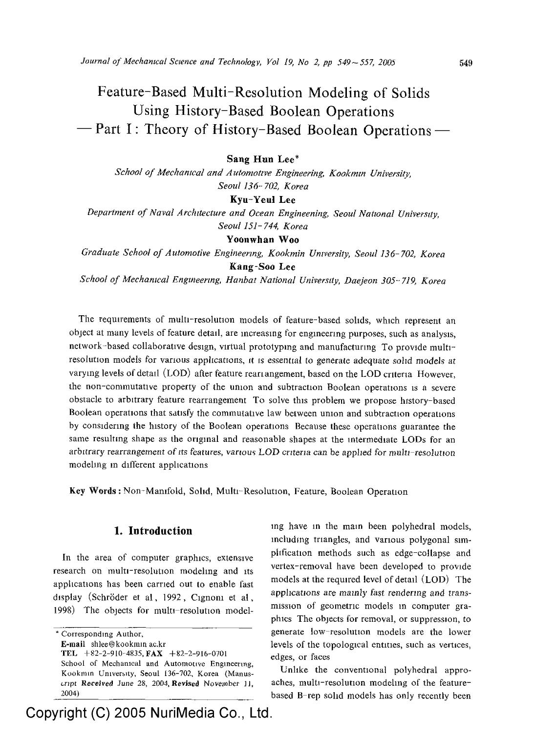 Feature-based multi-resolution modeling of solids using history-based Boolean operations &#x2014; Part I: Theory of history-based boolean operations &#x2014; by Unknown