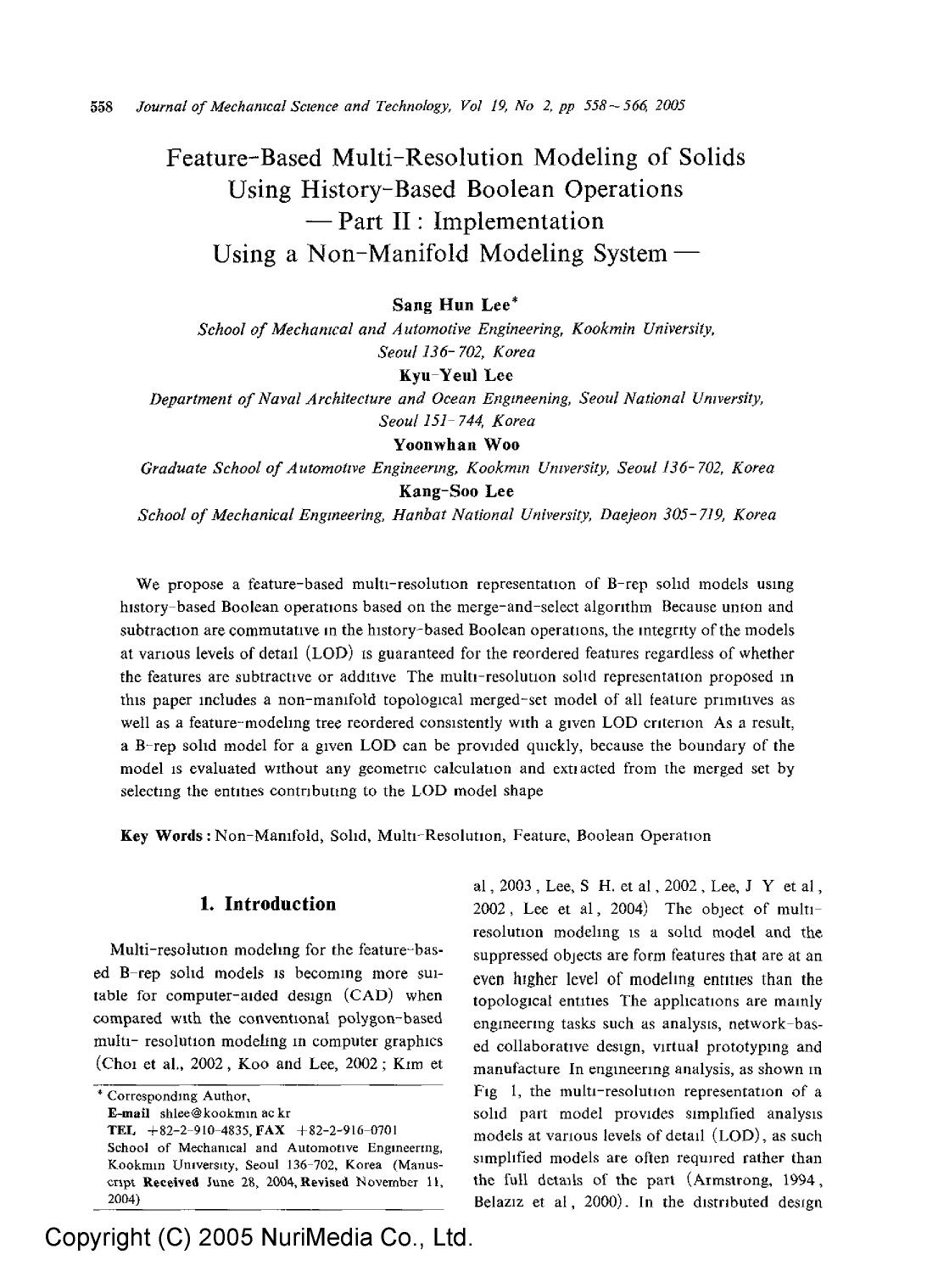 Feature-based multi-resolution modeling of solids using history-based boolean operations — Part II: Implementation using a non-manifold modeling system — by Unknown
