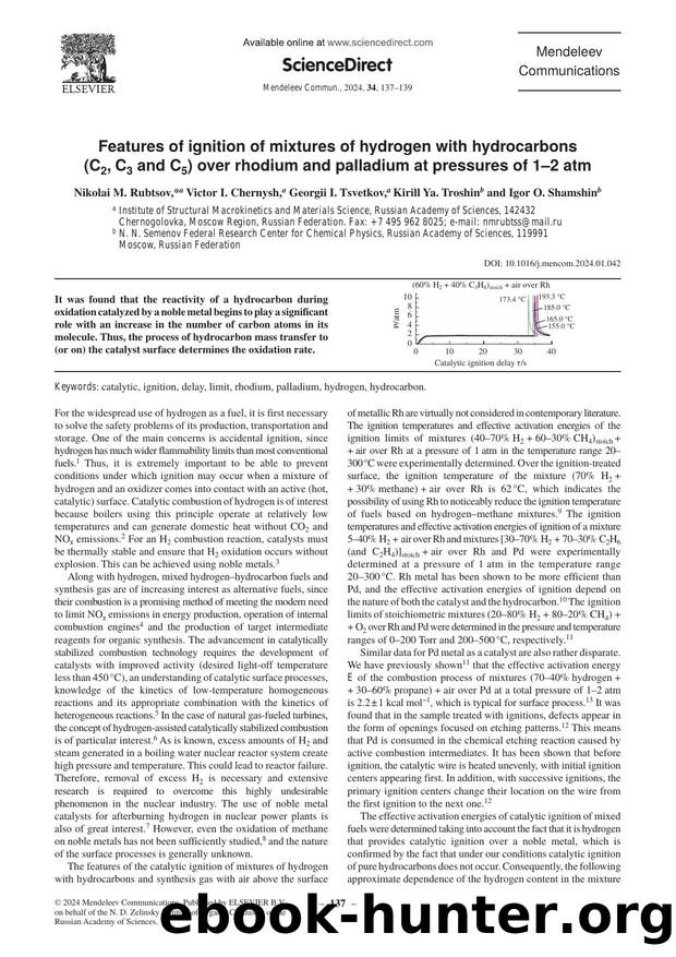 Features of ignition of mixtures of hydrogen with hydrocarbons (C2, C3 and C5) over rhodium and palladium at pressures of 1â2 atm by unknow