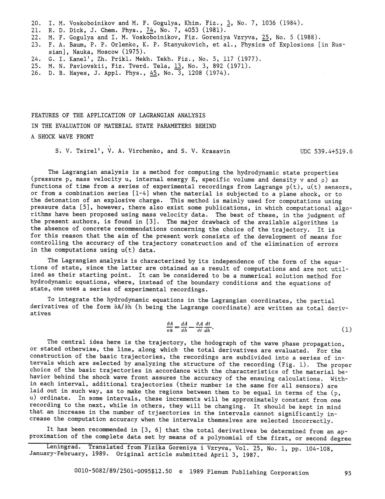 Features of the application of Lagrangian analysis in the evaluation of material state parameters behind a shock wave front by Unknown
