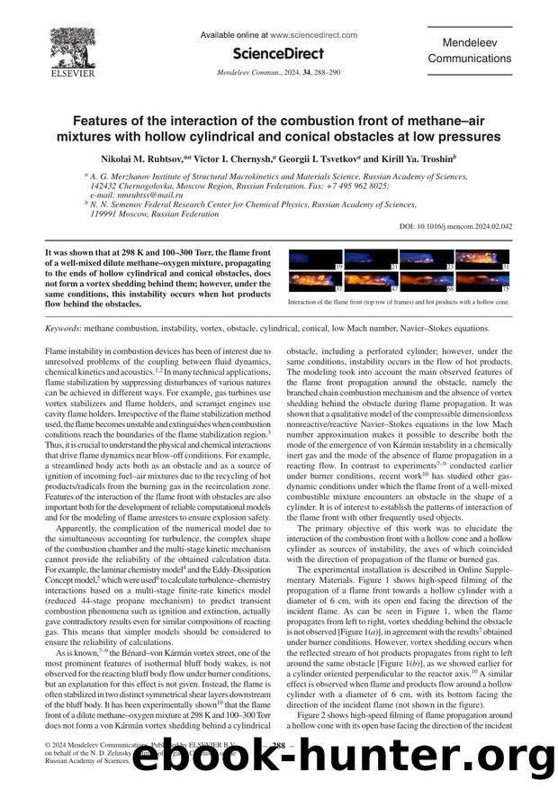 Features of the interaction of the combustion front of methaneâair mixtures with hollow cylindrical and conical obstacles at low pressures by Nikolai M. Rubtsov & Victor I. Chernysh & Georgii I. Tsvetkov & Kirill Ya. Troshin