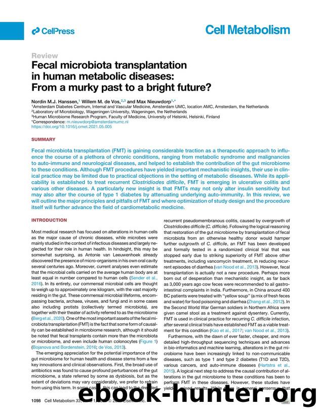 Fecal microbiota transplantation in human metabolic diseases: From a murky past to a bright future? by Nordin M.J. Hanssen & Willem M. de Vos & Max Nieuwdorp