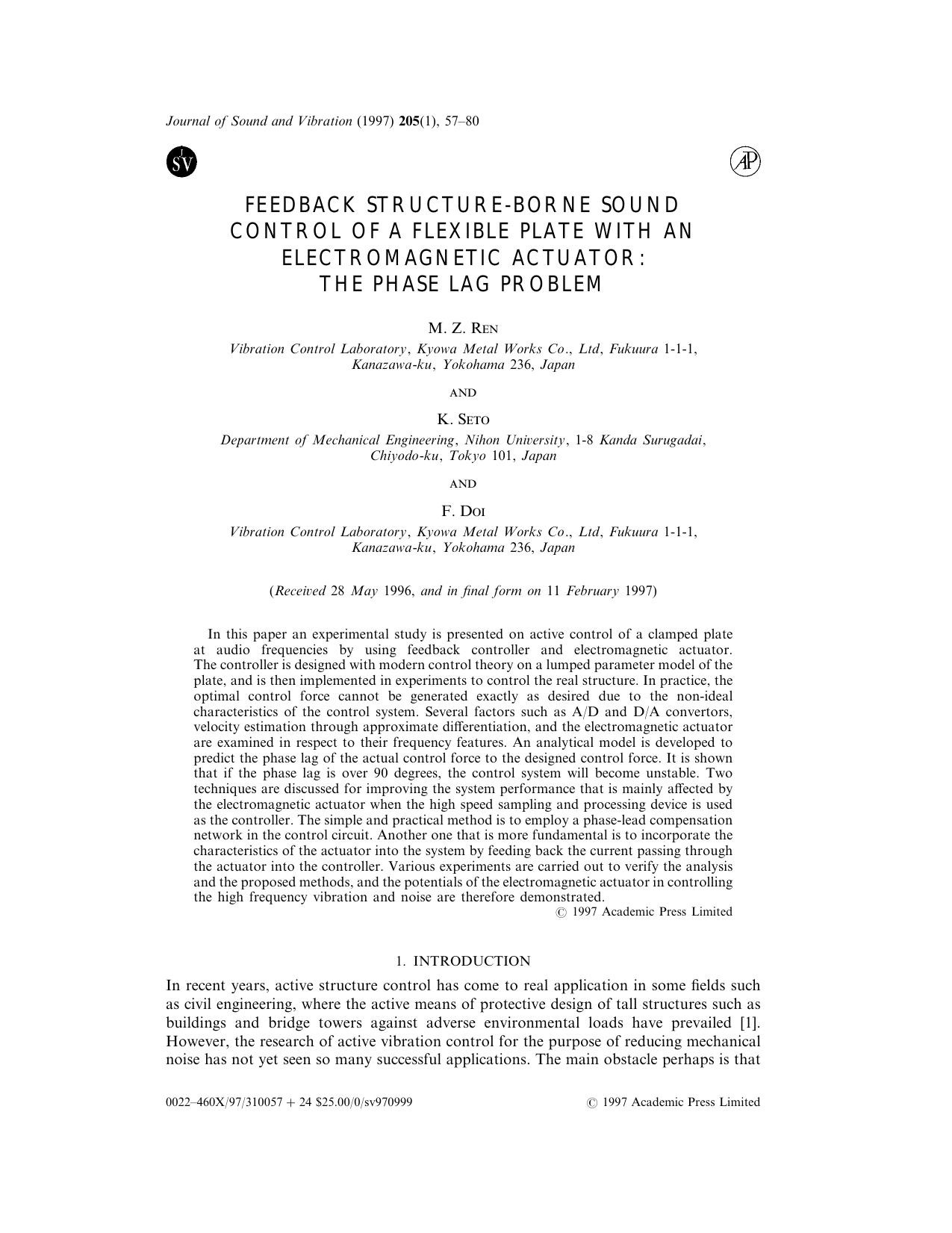 Feedback Structure-Borne Sound Control of a Flexible Plate with an Electromagnetic Actuator: The Phase Lag Problem by Ren M. Z. et al