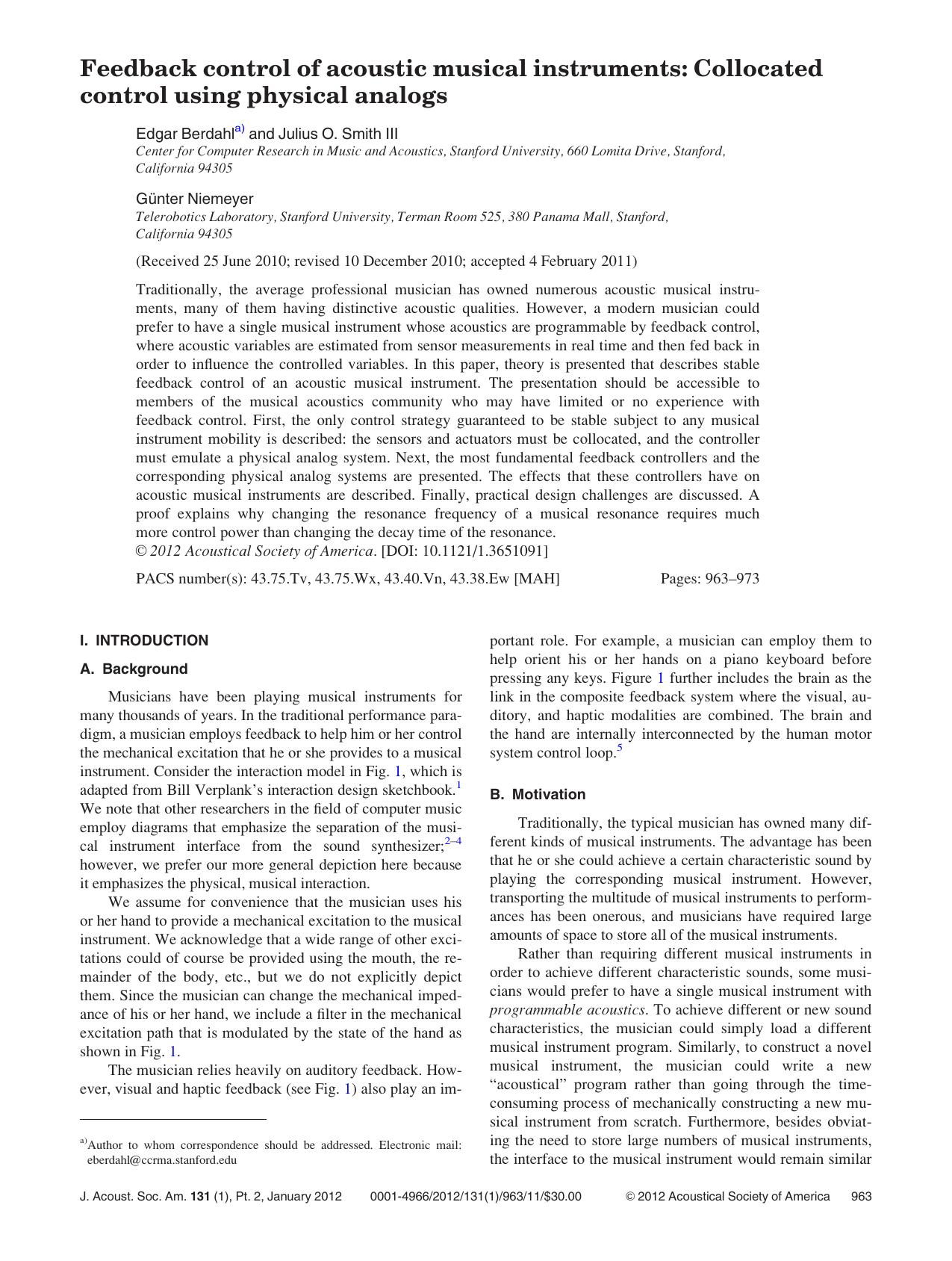 Feedback control of acoustic musical instruments: Collocated control using physical analogs by Edgar Berdahl Julius O. Smith III and Gu¨nter Niemeyer