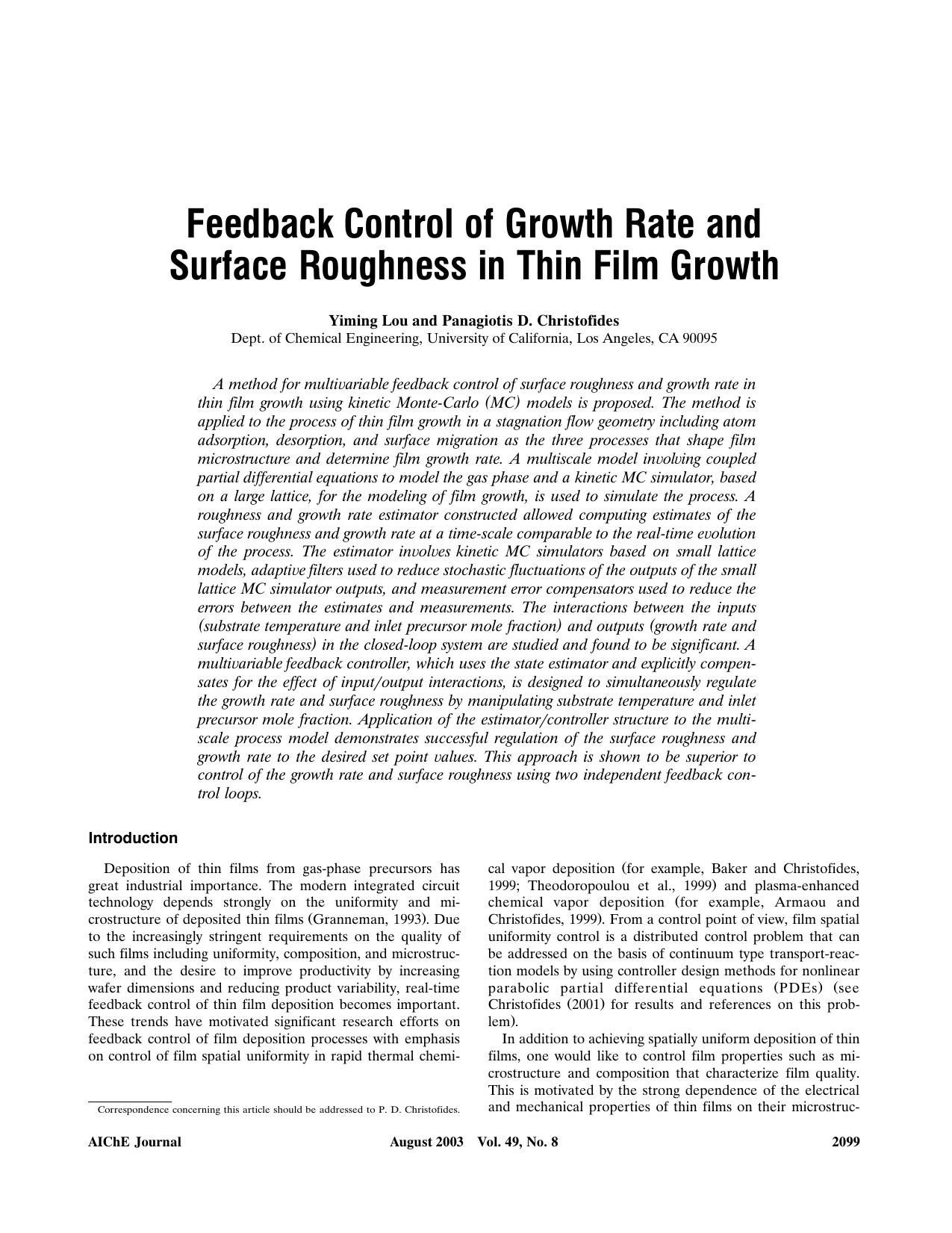Feedback control of growth rate and surface roughness in thin film growth by ?
