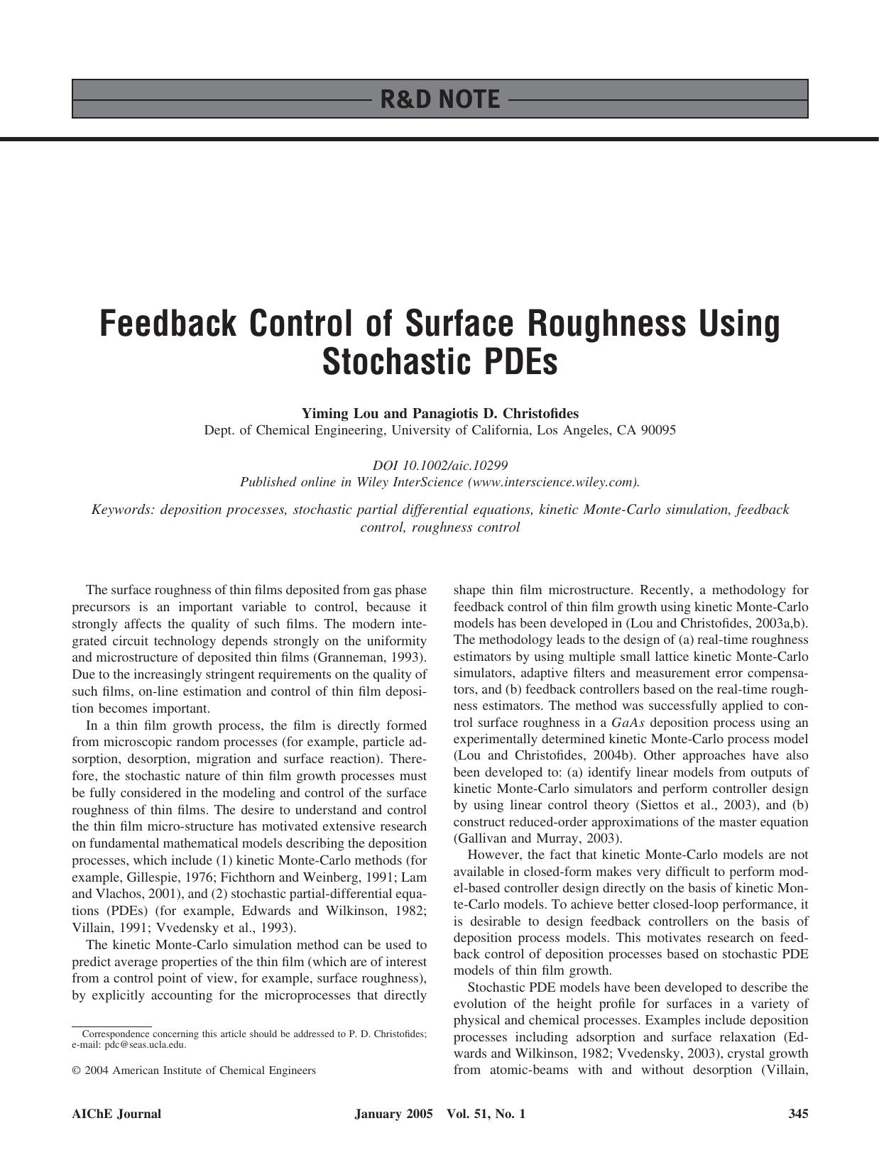 Feedback control of surface roughness using stochastic PDEs by Unknown