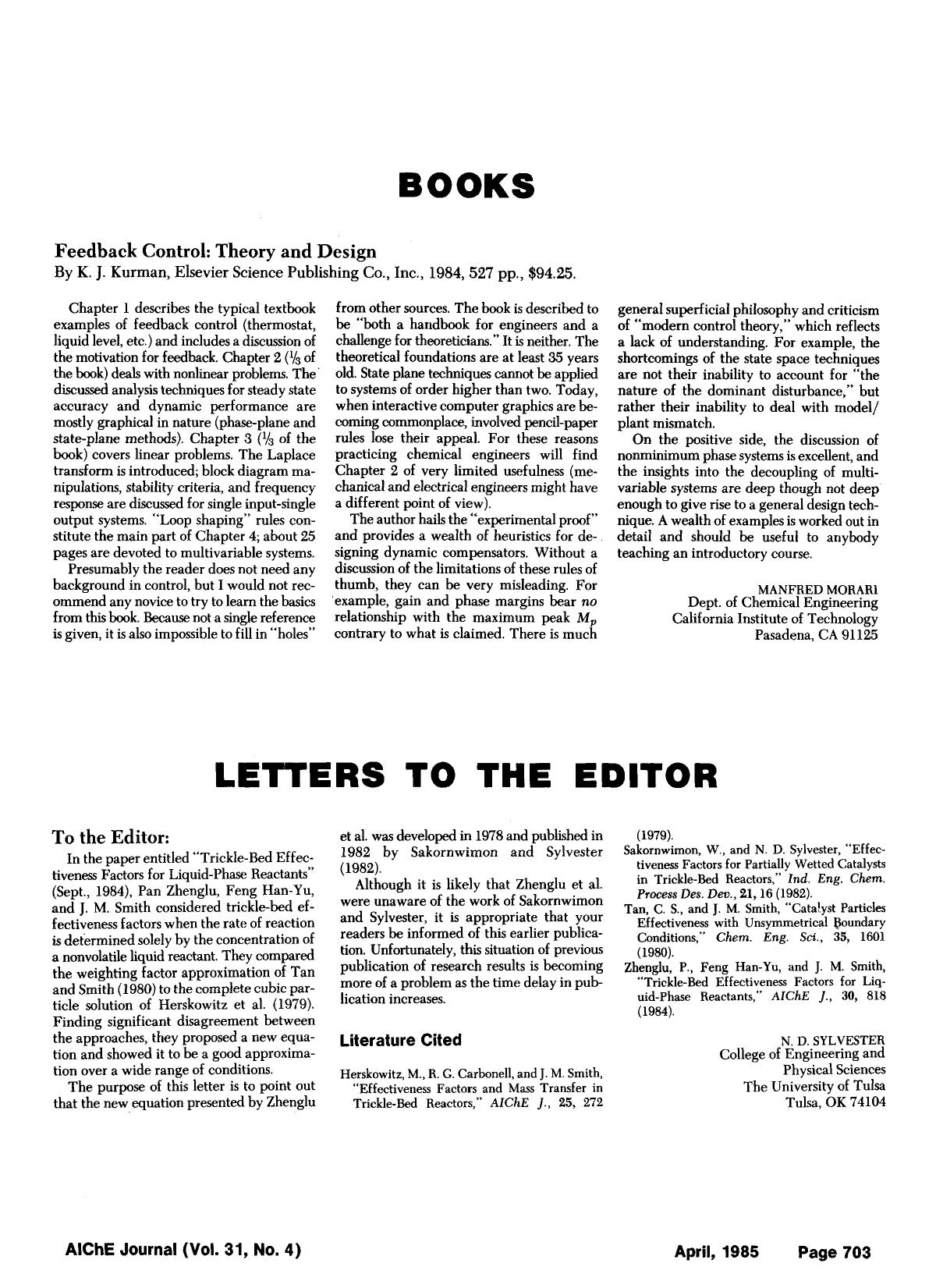 Feedback control: Theory and design by K. J. Kurman, Elsevier Science Publishing Co., Inc., 1984, 527 pp., [dollar]94.25 by Unknown
