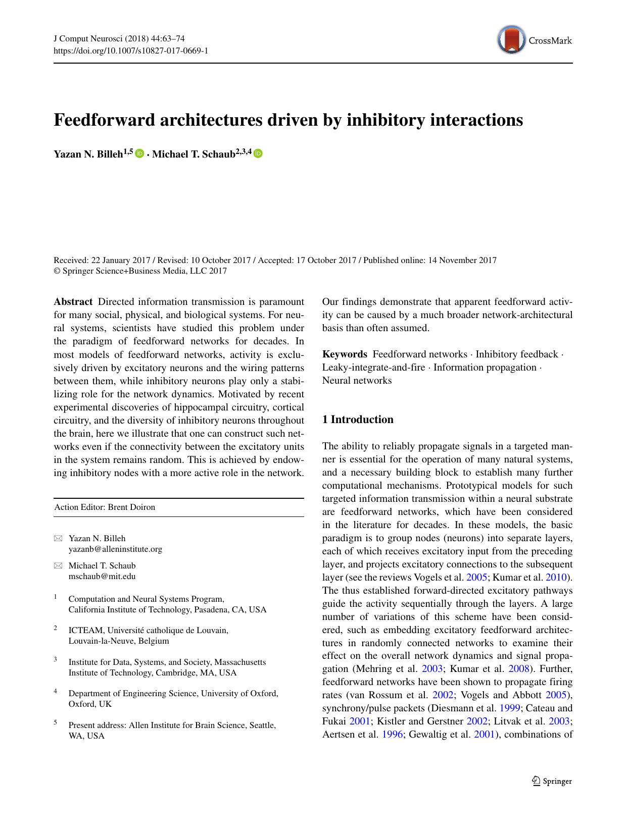 Feedforward architectures driven by inhibitory interactions by Yazan N. Billeh & Michael T. Schaub