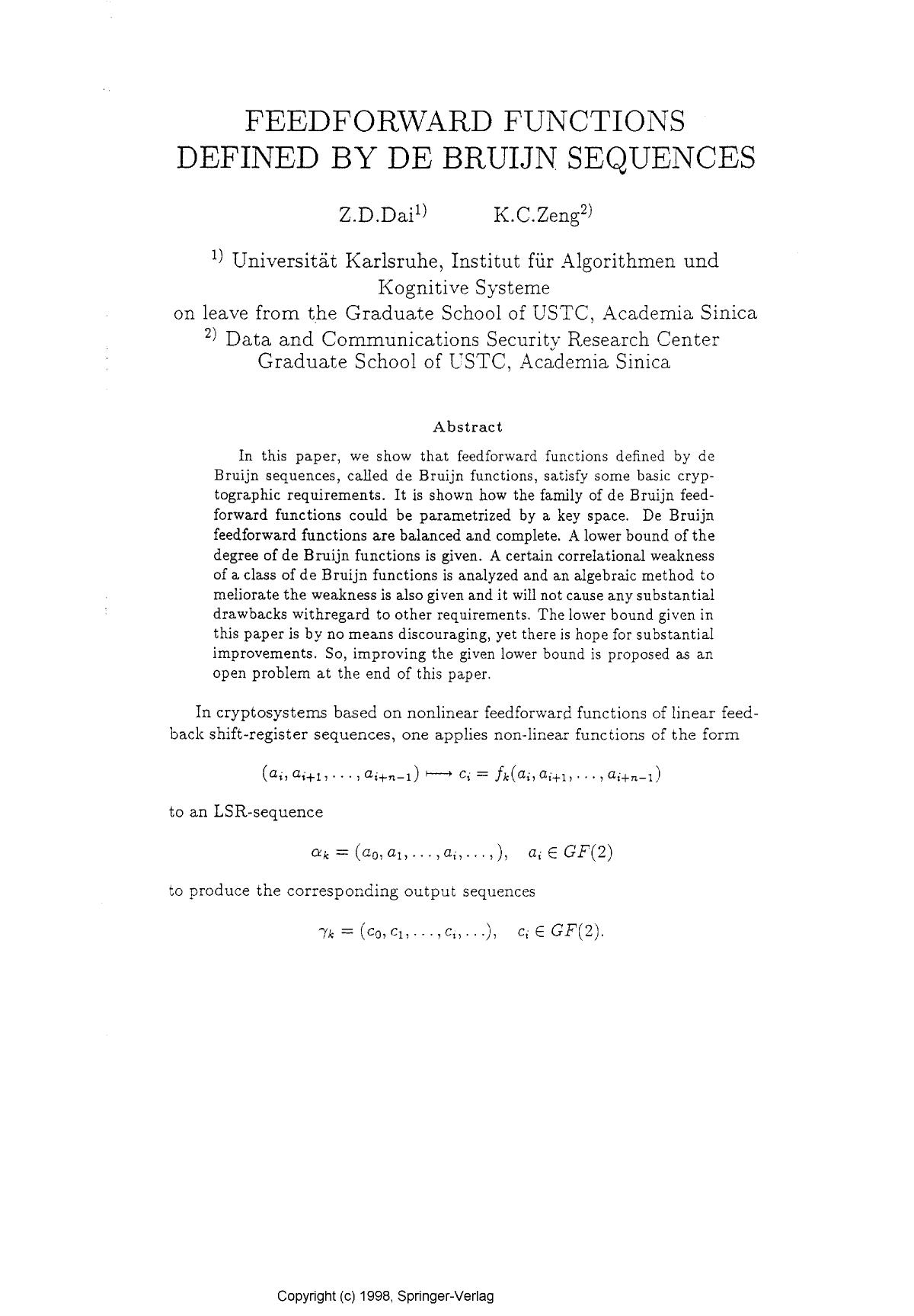 Feedforward functions defined by de Brujin sequences by Dai Z. & Zeng K