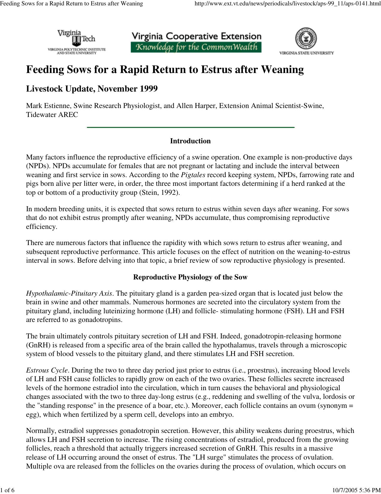 Feeding Sows for a Rapid Return to Estrus after Weaning by Travis Hughey