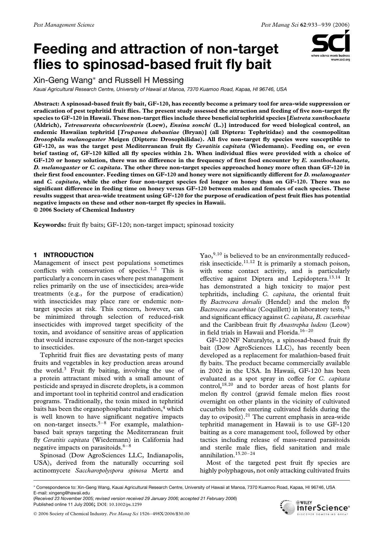 Feeding and attraction of non-target flies to spinosad-based fruit fly bait by Unknown