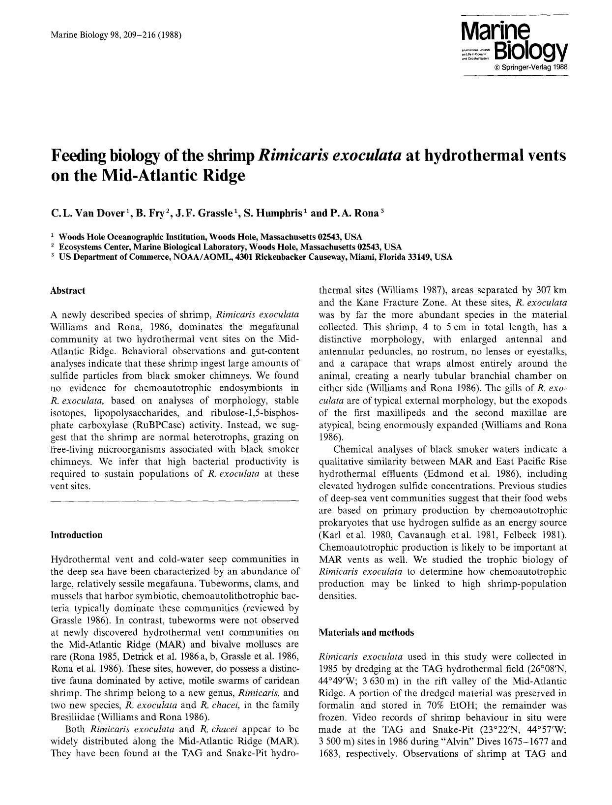 Feeding biology of the shrimp <Emphasis Type="Italic">Rimicaris exoculata<Emphasis> at hydrothermal vents on the Mid-Atlantic Ridge by Unknown
