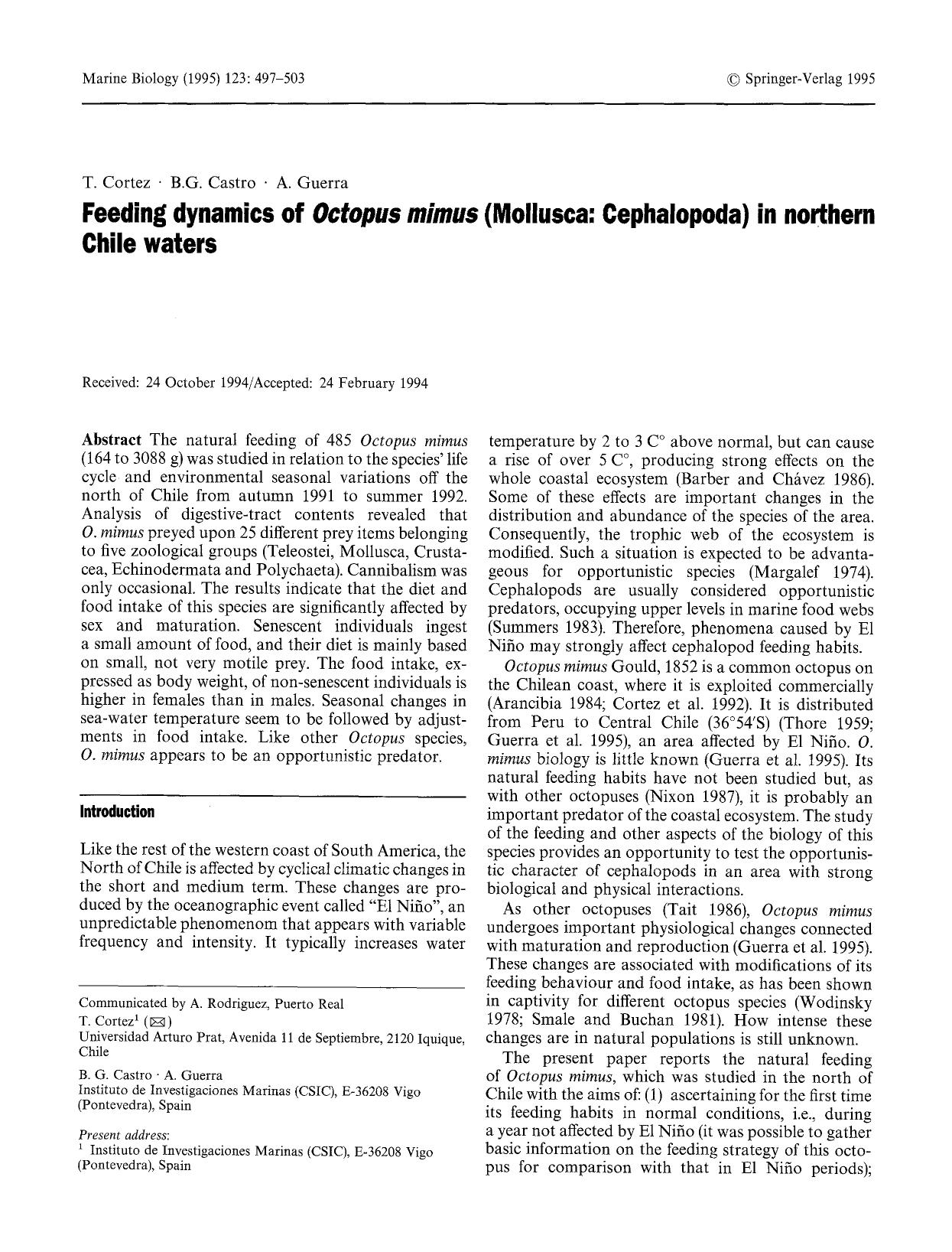 Feeding dynamics of <Emphasis Type="Italic">Octopus mimus<Emphasis> (Mollusca: Cephalopoda) in northern Chile waters by Unknown