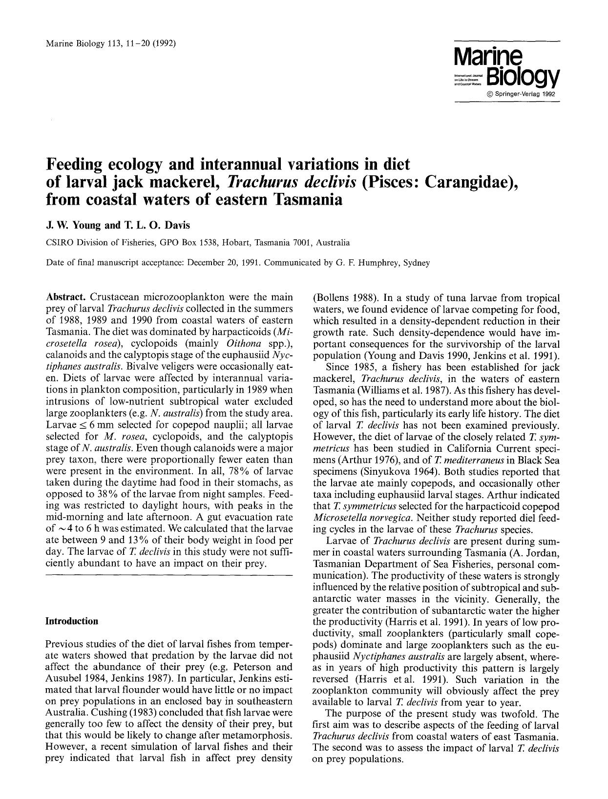 Feeding ecology and interannual variations in diet of larval jack mackerel, <Emphasis Type="Italic">Trachurus declivis<Emphasis> (Pisces: Carangidae), from coastal waters of eastern Tasmania by Unknown