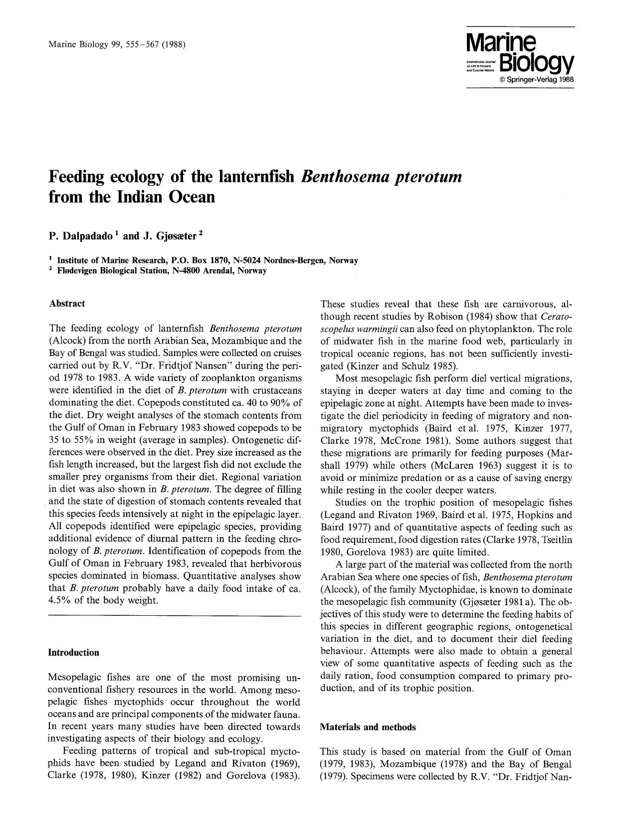 Feeding ecology of the lanternfish <Emphasis Type="Italic">Benthosema pterotum<Emphasis> from the Indian Ocean by Unknown